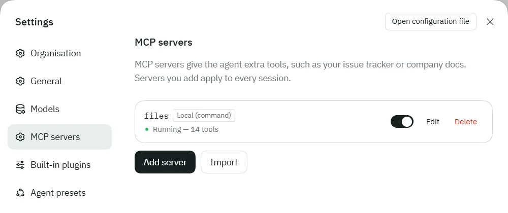 Settings, MCP servers, listing a server named files with a Local (command) tag, switched on, and the status Running — 14 tools.