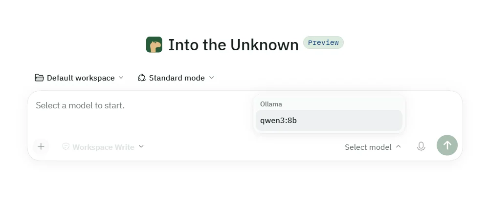 The model picker open above the message box, listing qwen3:8b under the Ollama provider.
