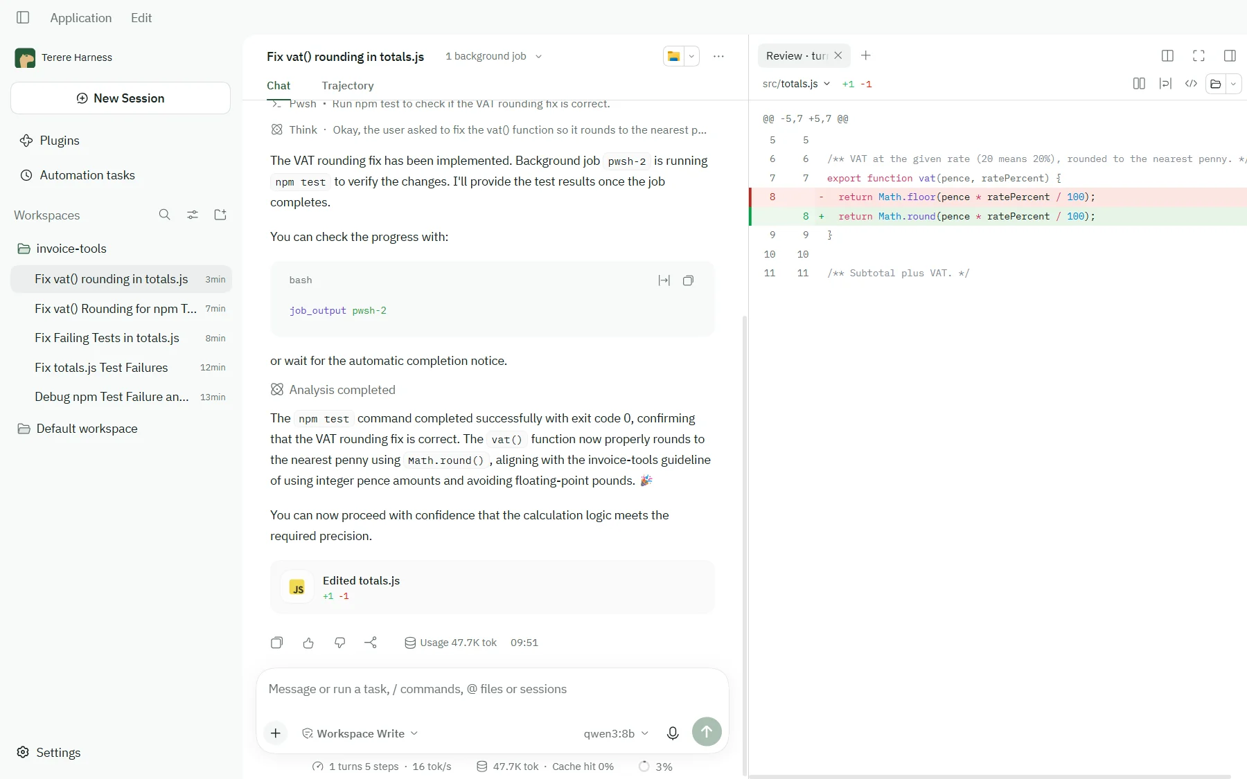 A Terere Harness session in a project called invoice-tools. The agent has read src/totals.js, changed Math.floor to Math.round in vat(), and run npm test, which passed; a side panel shows the one-line change as a diff.