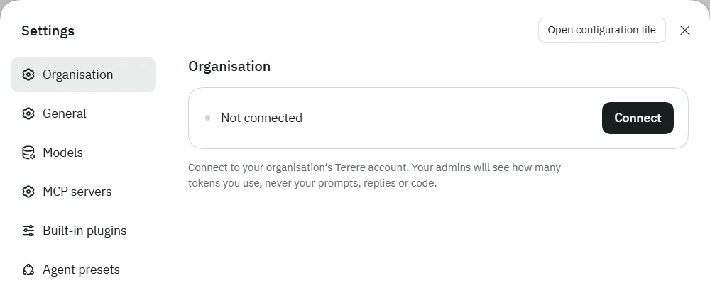 Settings, Organisation, showing Not connected with a Connect button, and the note that admins will see how many tokens you use, never your prompts, replies or code.